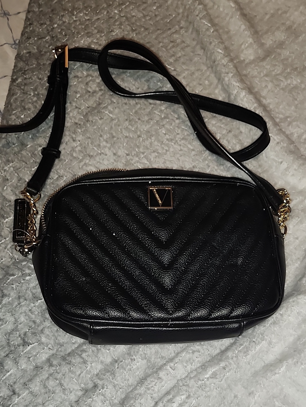 Victoria's Secret Black Quilted Chevron Crossbody with Gold Trim